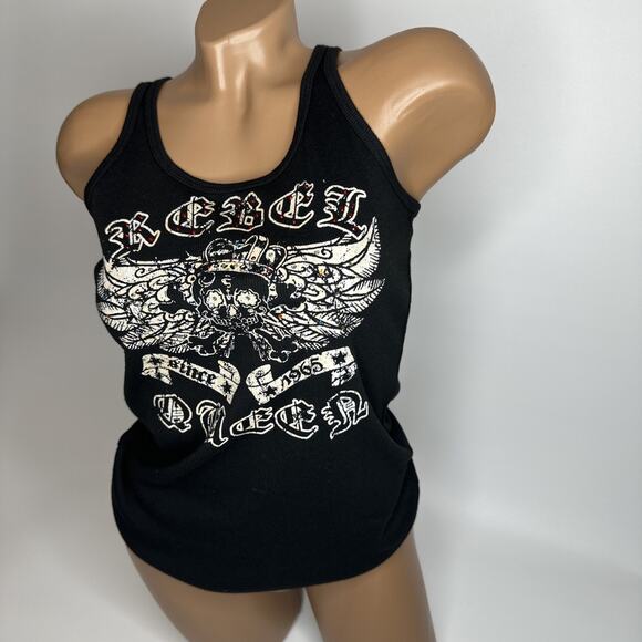 Vintage Y2K Le Paco Rebel Queen Skull Tank Top Rhinestone Goth Biker M Mcbling - Picture 8 of 8